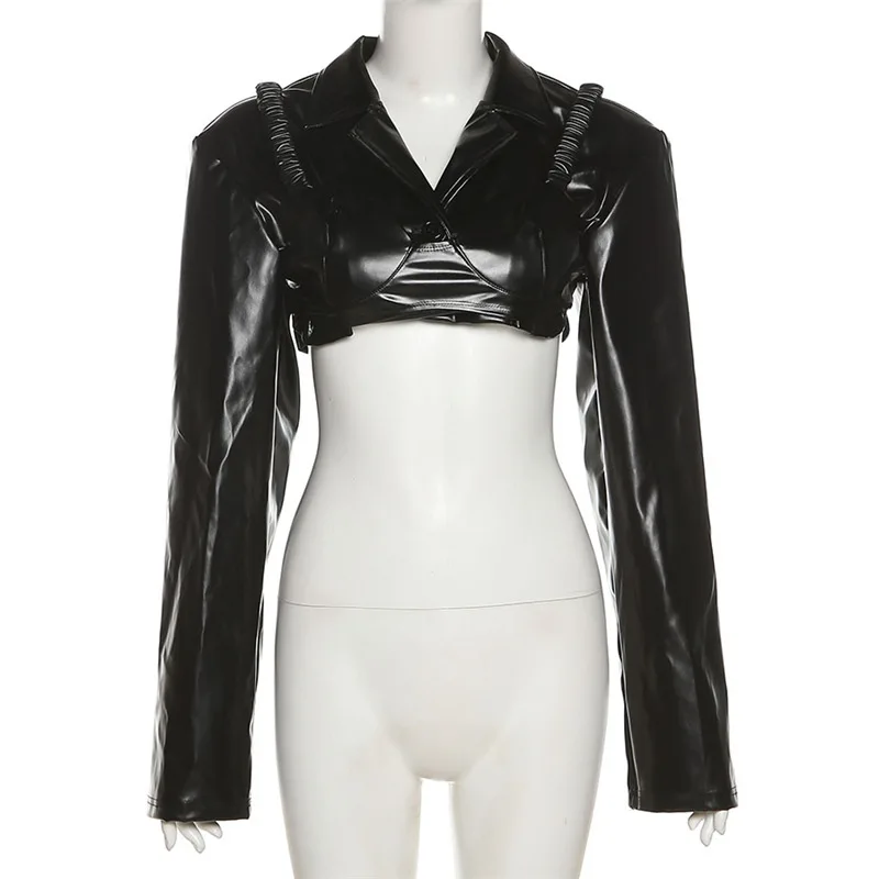 Autumn Fashion Women's Long Sleeve Lapel Navel Slim PU Leather Jacket Mini Short Coat Jackets Jaqueta Feminina  Vintage