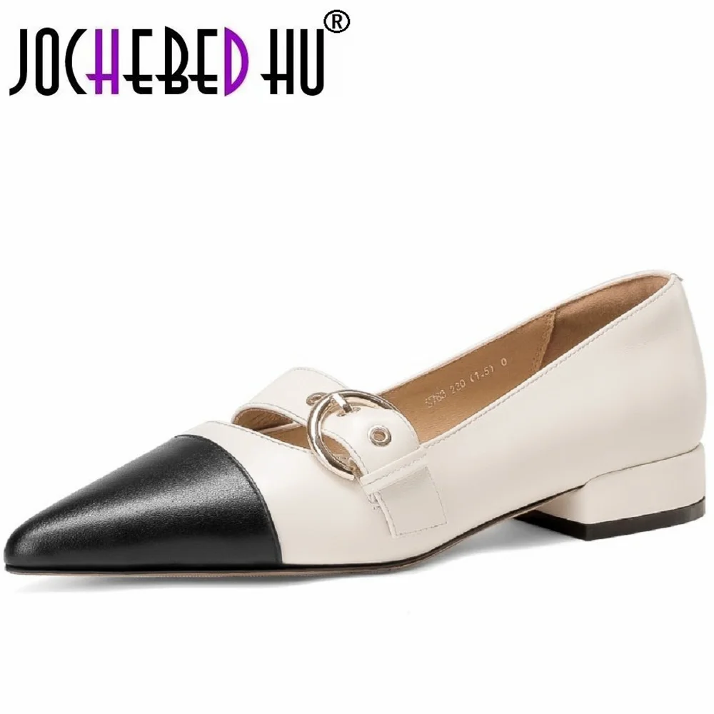 

【JOCHEBED HU】Spring Paris Fashion Pointed Toe Metal Buckle Embellished Genuine Leather Low Heel Women Dress Office Shoes 33-40