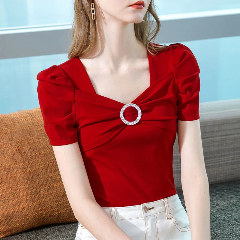 

Short-sleeved T-shirt Women's Summer 2022 New Women's Retro Square Collar Buckle Cotton T-shirt French Bubble Waist Y2k Tops