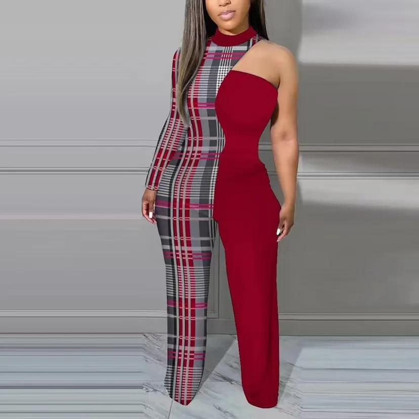 

Autumn 2022 New Women's Fashion Sexy Color Contrast Print Elegant One Shoulder Sleeve Jumpsuit Women's