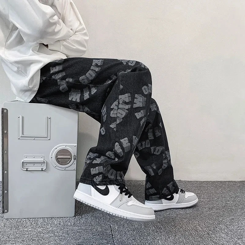 High Street  Man Denim Pants Trousers  Retro Y2k Straight Jean Streetwear Loose Mopping Pants Loose Design Fashion Casual Pant