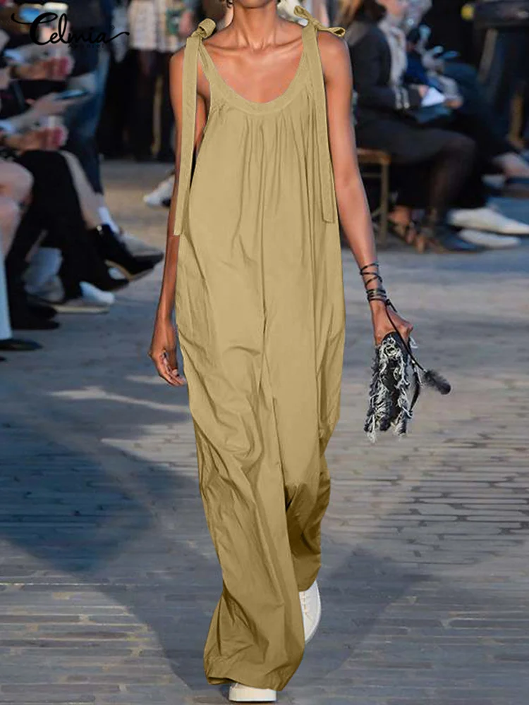 

2022 модный длинный комбинезон Celmia без рукавов, Женский Повседневный комбинезон на шнуровке с широкими штанинами, уличные комбинезоны, Комби...