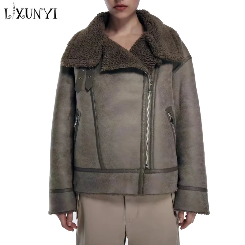 Shearling Coat Women Winter Thick Warm Faux Leather Loose Fleece Lambwool Jacket Woman Zippers Turn-down Collar Ladies Oversize