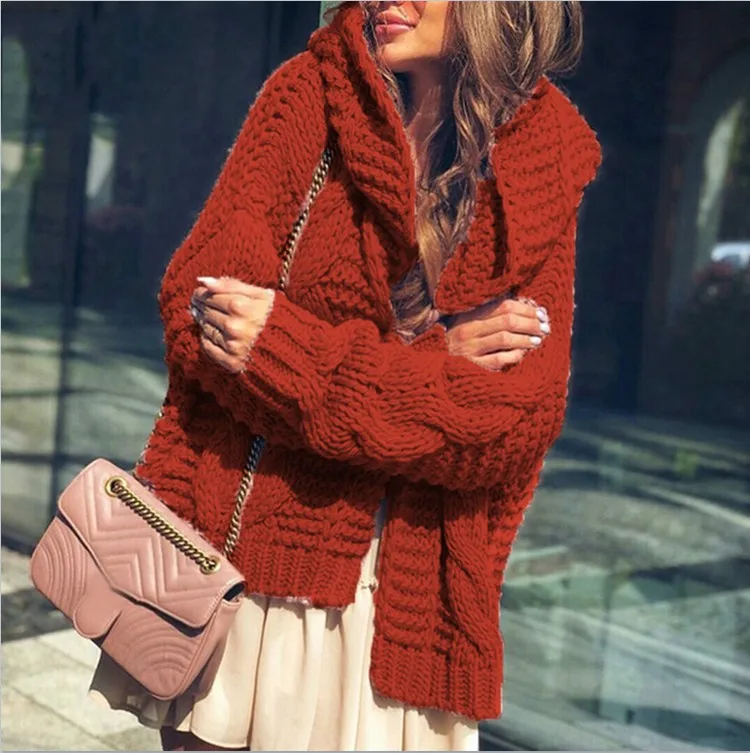 Autumn and winter 2023 new Fried Dough Twists hat cardigan solid color thick knit sweater women