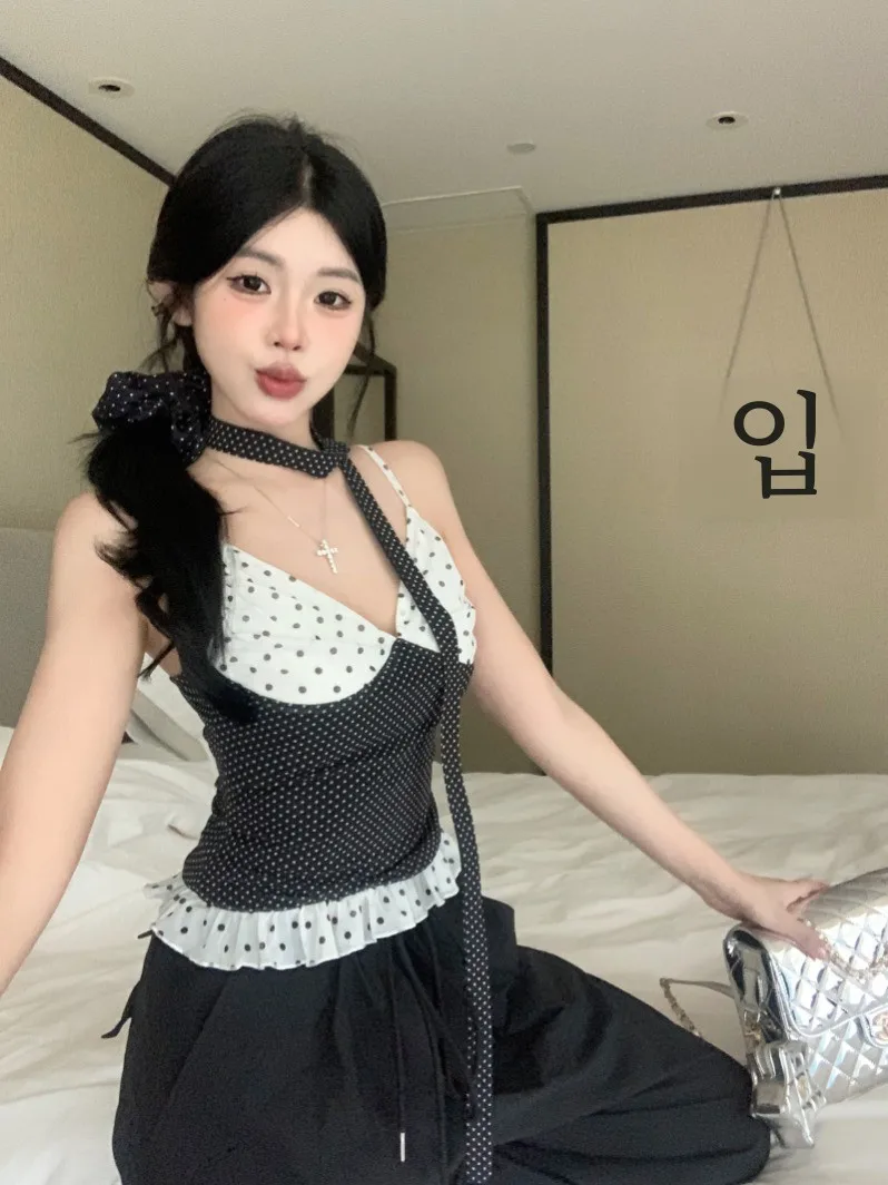 Pphome Lace Pure Desire ~ Лоскутная майка в горошек контрастного цвета для женщин летний топ