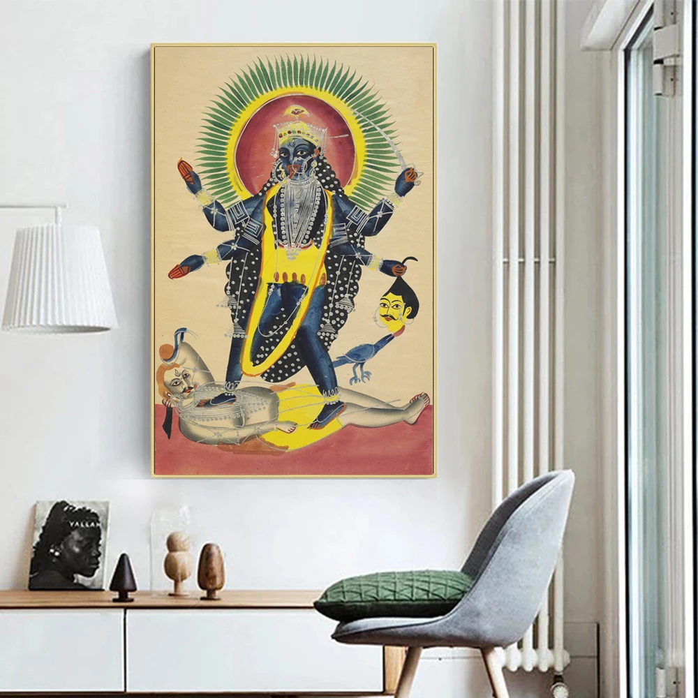 Когда Кали топтала Шиву плакат индийской народной картины Калигхат на холсте хиндуистское украшение стены для гостиной.