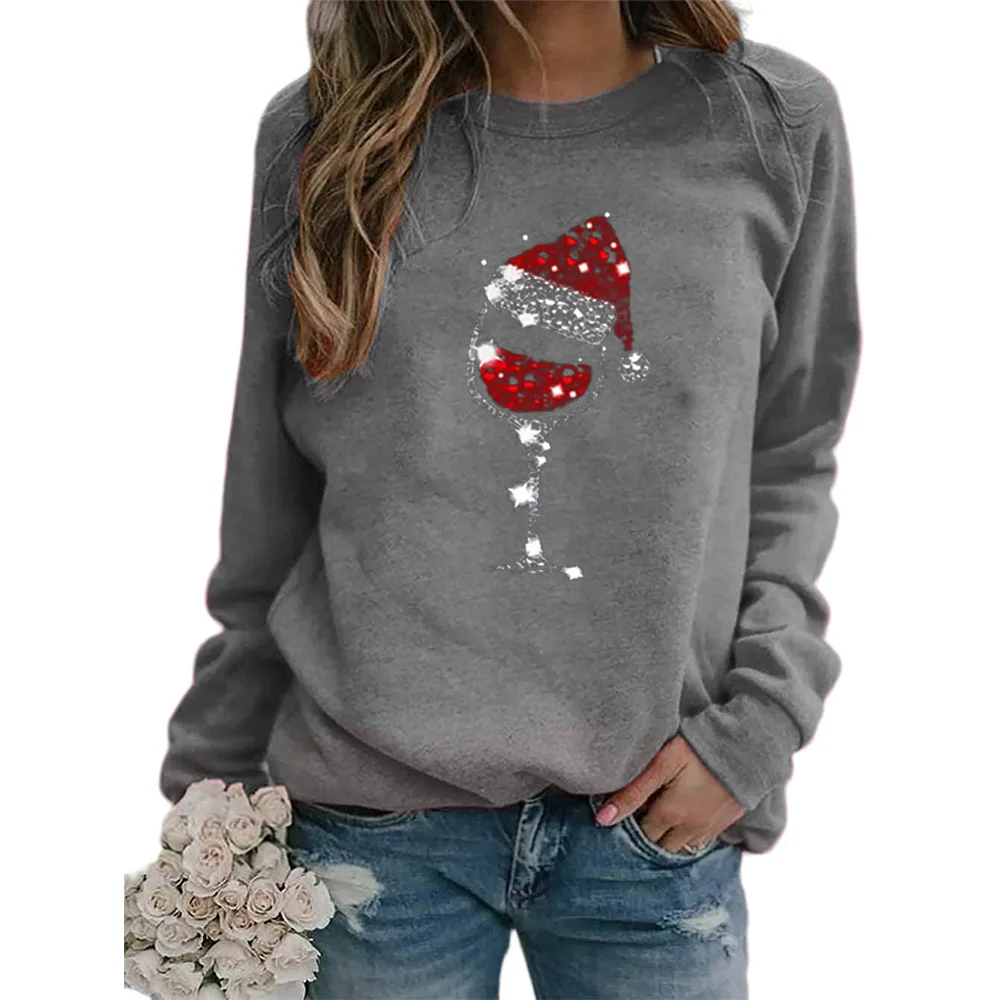 

New 10 Colors Women Casual V-Neck Loose Long Sleeve Tops Pullover Elegant Christmas Wine Glass Printed Basic T-Shirt Plus Size