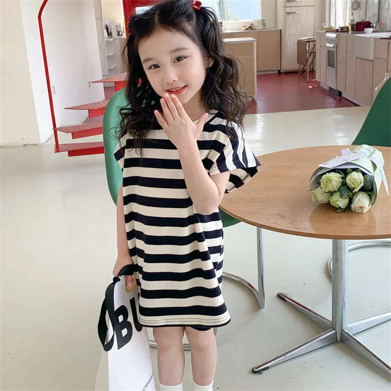 

Girls' Summer Short Sleeve T-shirt Skirt 2023 New Middle And Small Children's Baby Korean Half Sleeve Casual Strip Dress Top