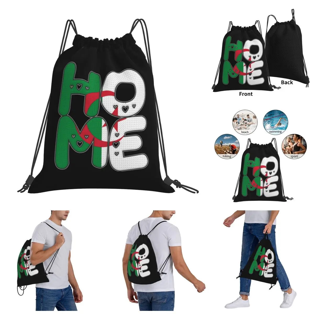 

Home Flag Of Algeria Drawstring Bags Gym Bag Top Quality Backpack Funny Novelty Knapsack