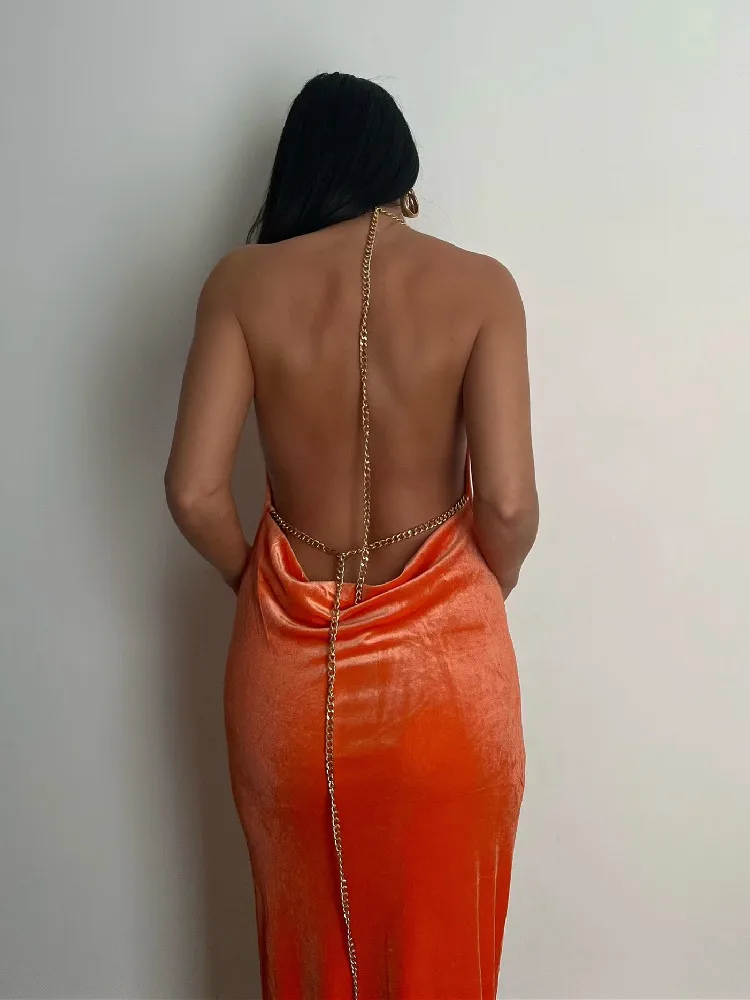 

OEING Backless Maxi Dress Sexy Orange Velvet Halter Slim Dress for Women Summer Elegant Long Club Party Beach Dresses Outfit