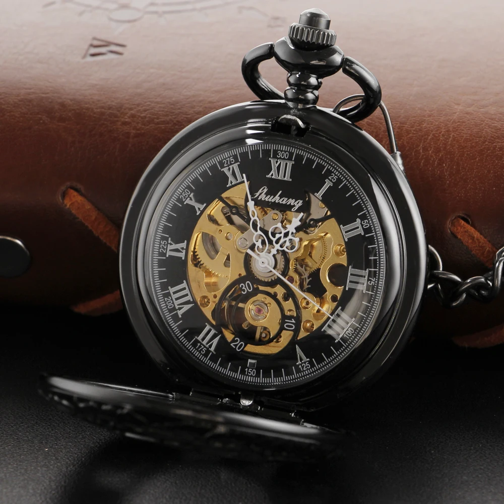 Vintage Black Hollow Skeleton Mechanical Pocket Watch Men's Fob Chain Steel Exquisite Animal Sculpture Women's Pocket Watch Gift