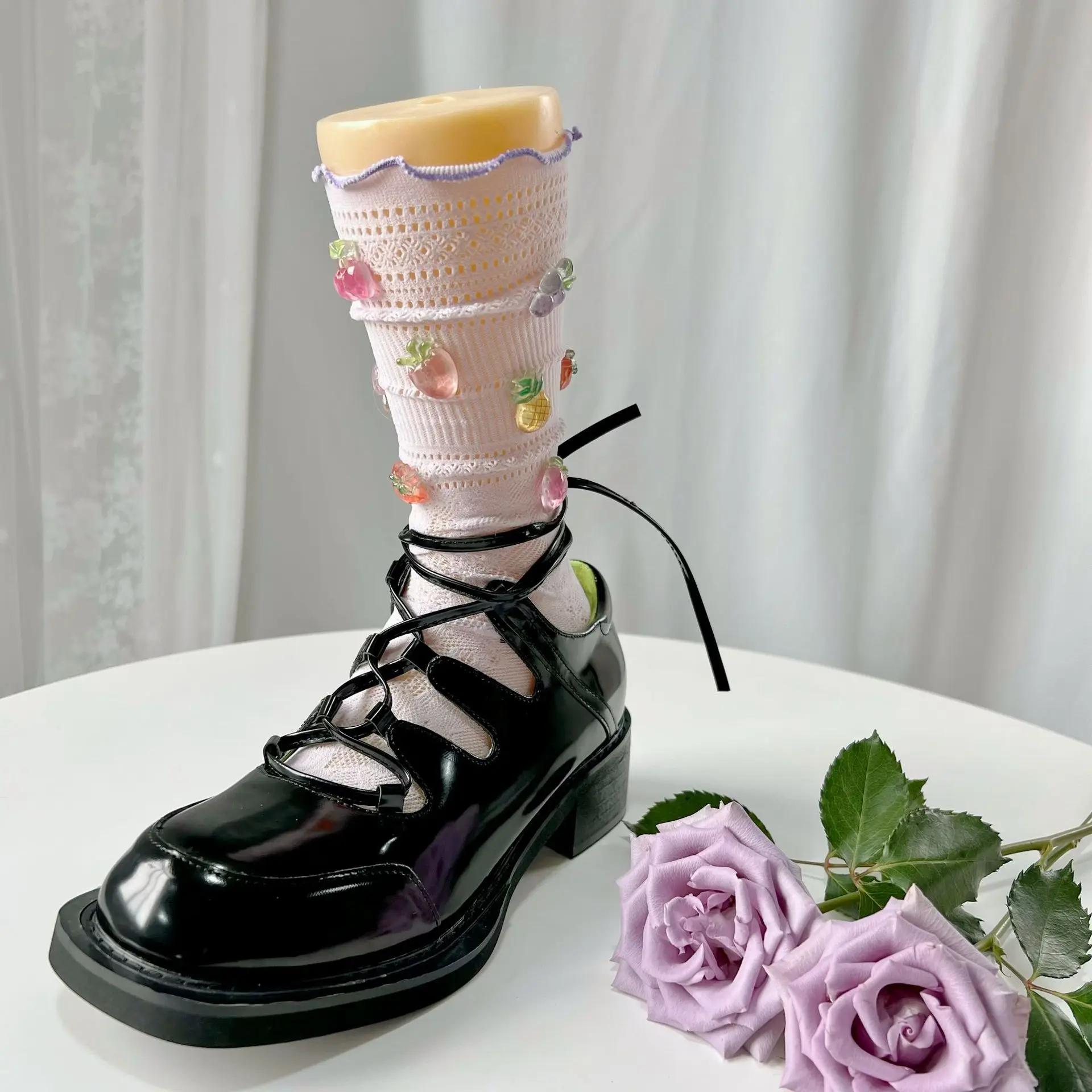 

Spring Summer Niche Design Middle Tube Socks Candy Color Fruit Party Millennium Y2K Korean Girl Lace Fishing Net Calf Pile Socks