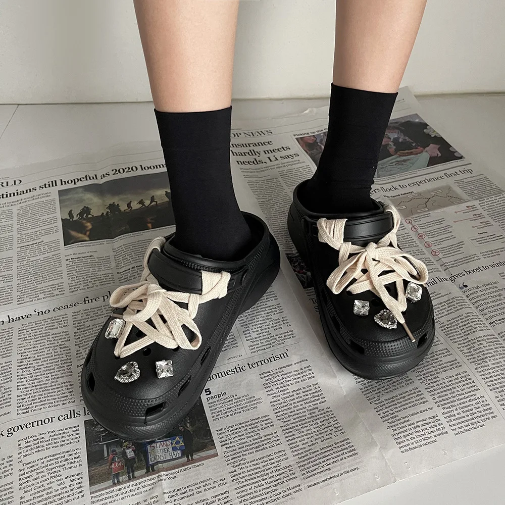 Women Summer Slippers DIY Lace-up Clogs For Female Thick Sole Ladies Fashion Slides Girls Beach Shoes Street Wedges Sandals