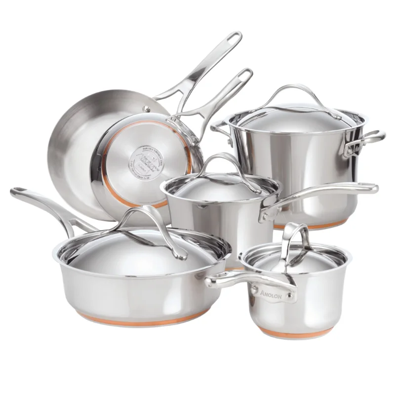 

Anolon Nouvelle Copper Stainless Steel Pots and Pans Cookware Set, 10-Piece, Silver
