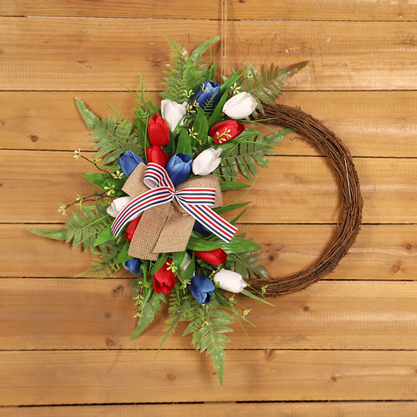 

Artificial Tulip Flower Wreath Independence Day Wreaths Patriotic Garland Blue Red White Artificial Tulip Silk Flowers Wreaths