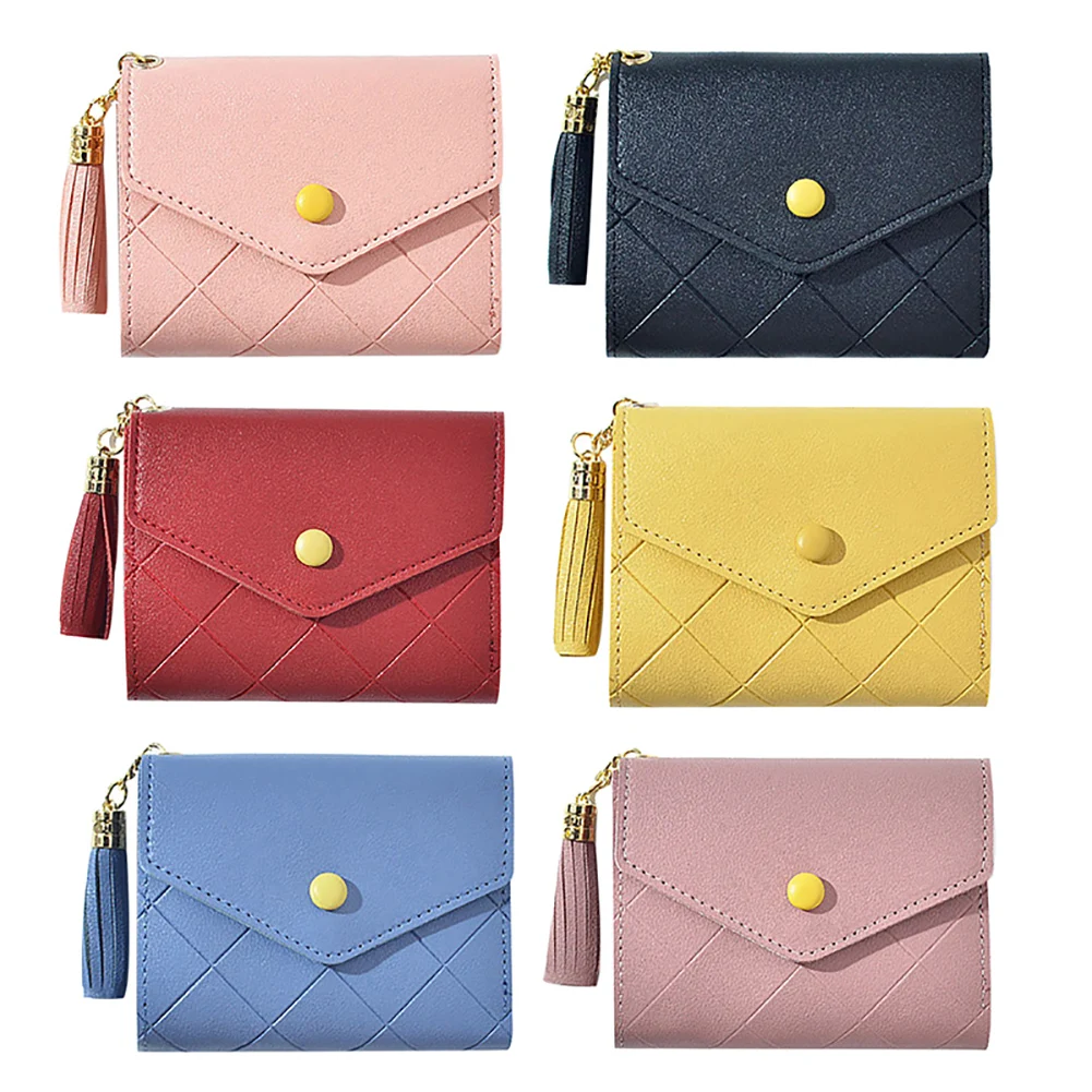 Женский маленький кошелек кожаный клетчатый с кисточками повседневный короткий