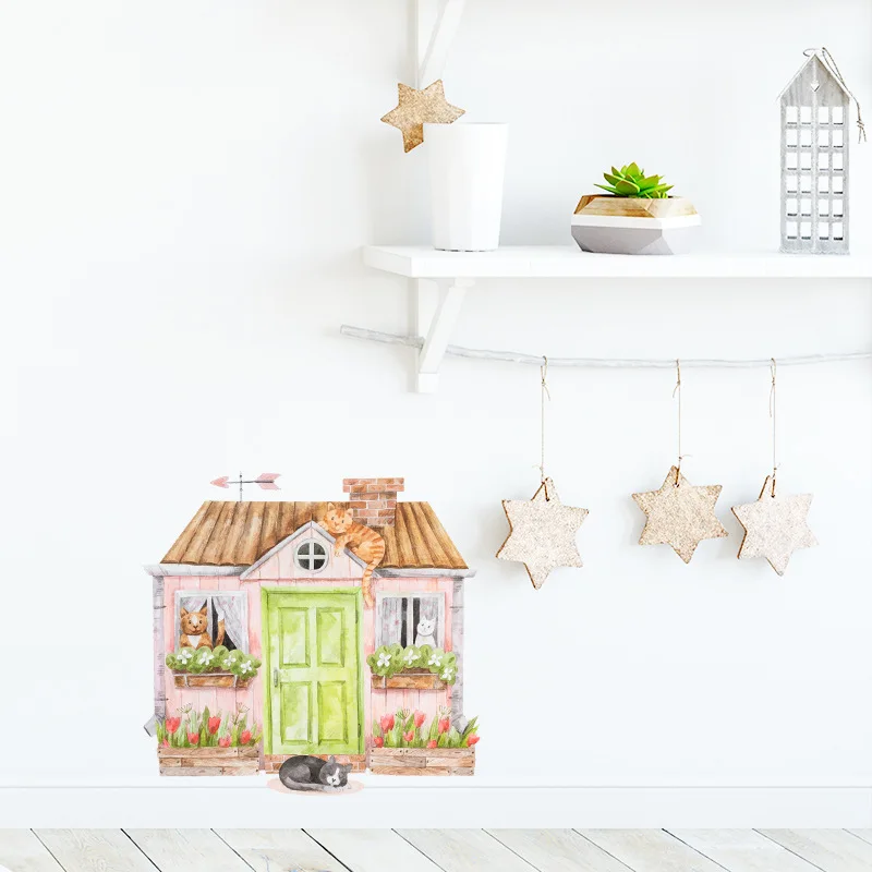 

Cute Cat+Villa+Flowers Wall Sticker Watercolor Dot Door Windows Bedroom Offices House Wardrobe Refrigerator Porch DIY Home Decor