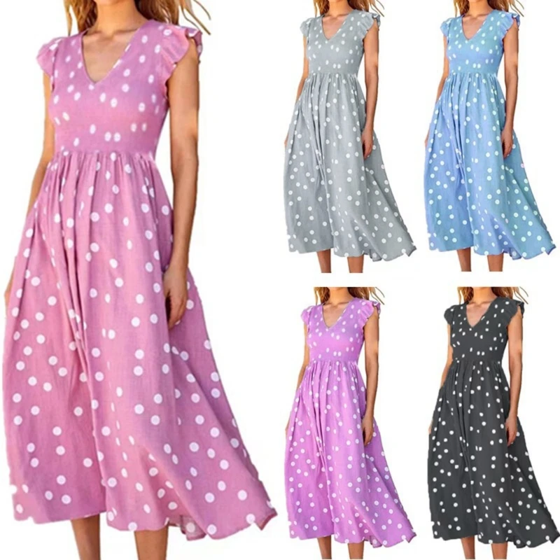 

Polka Dot Floral Printed Dress for Women Summer V-Neck Swing Dress Holiday Dress