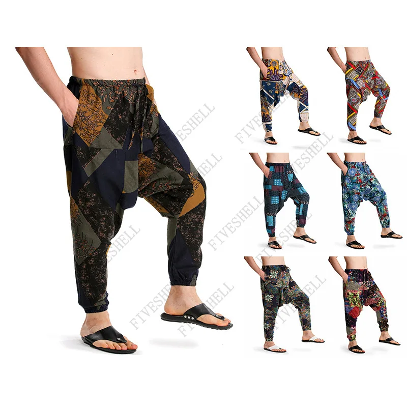 Mens Cotton Linen Baggy Hippie Boho Yoga Harem Pants Vintage Print Drop Crotch Jogger Men Casual Streetwear Sports Trousers Male