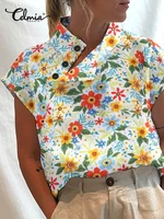 2022 summer blouse celmia women floral print vintage shirts casual short sleeve high collar fashion tunic tops clothes