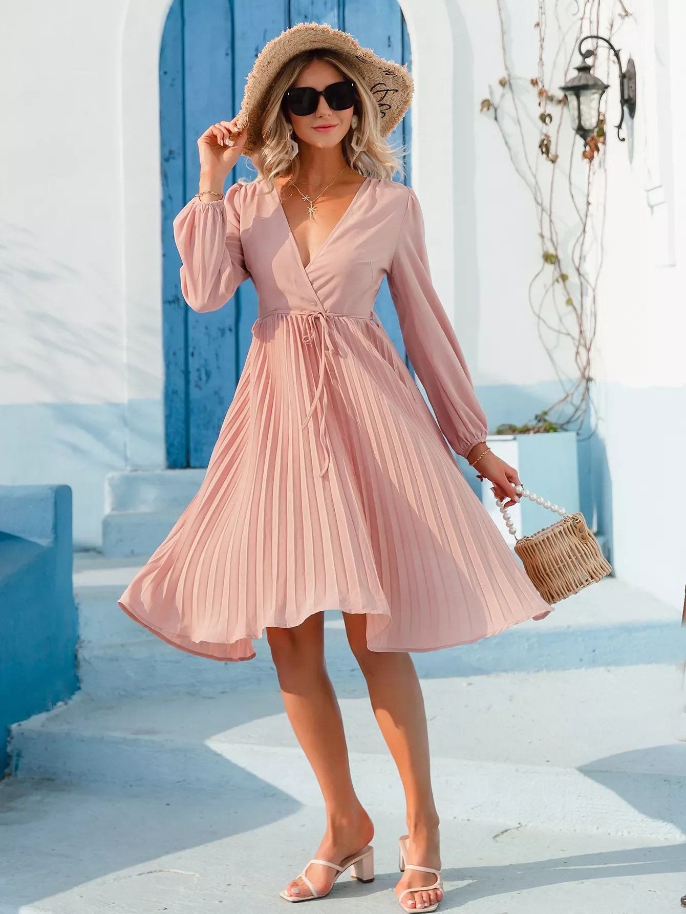 

Simplee Casual pleated deep v-neck summer dress women beach Elegant pink puff long sleeve spring midi dress Sexy mujer vestidos