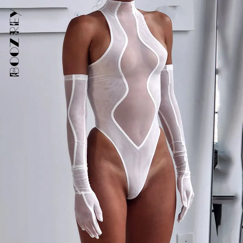 BoozRey 2023 Summer Sexy White Mesh Hollow Out Bodysuit Party Outfit for Women Black Long Sleeve See Through One Pieces Female