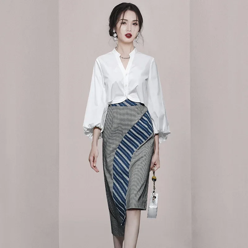 Осень 2023 новый элегантный топ с v-образным вырезом и воротником-стойкой пышными