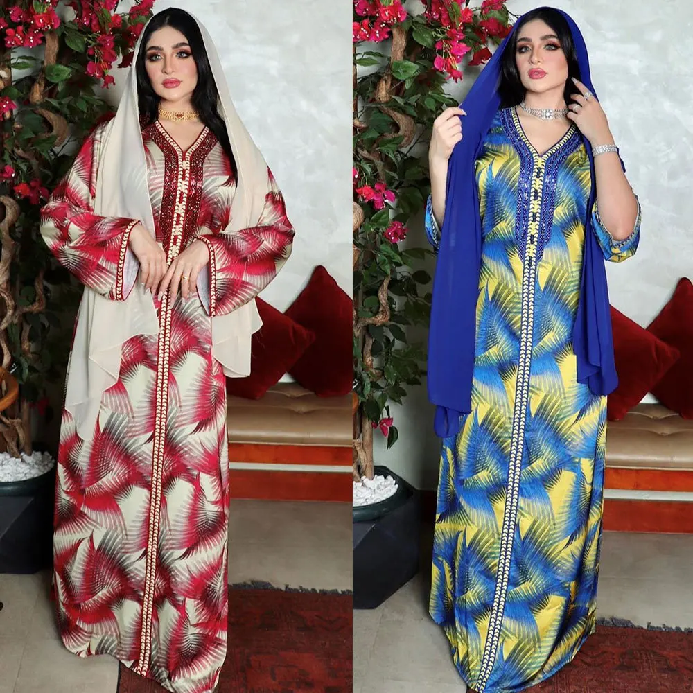 spring Floral Print Muslim Abaya Dress Women diamond Dubai Arab Turkey Morocco Kaftan Islamic Clothing Gown Robe Vestido