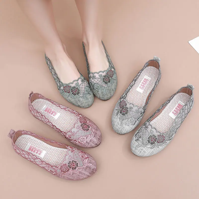Summer Mesh Ballet Flats Women's Embroidered Flower Loafers Ladies Weightlight Wedge Shoes Free Shipping Mother Casual Slip Ons
