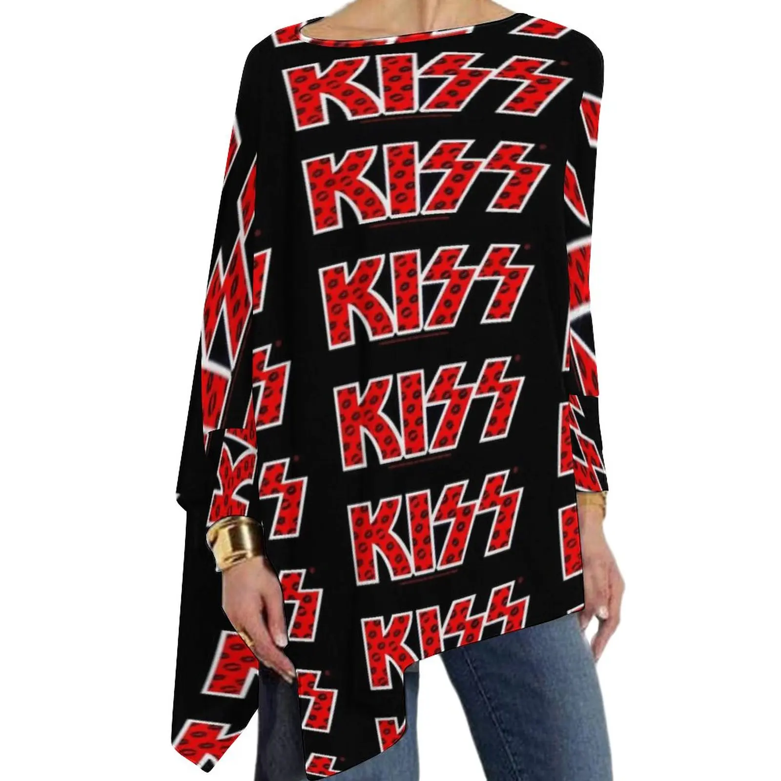 

Kiss Band T Shirt Black Lips Logo Vintage Long Sleeve T Shirts Women Korean Fashion Tshirt Oversize Graphic Top Tees