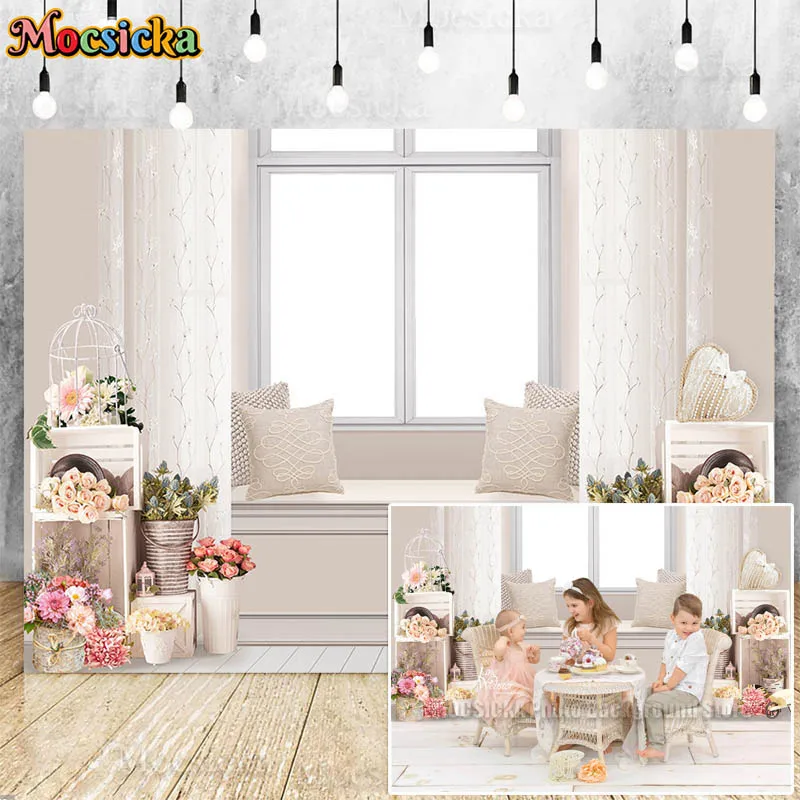 

White Window Sill Photography Backdrop Spring Flowers Decorative Banners Newborn Portrait Photo Shoot Kids Cake Smash Background