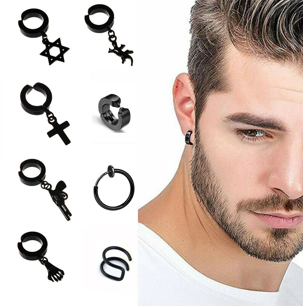 

1PC Gothic Punk Stainless Steel No Pierced Earrings Ear Stud Men Women Jewelry Hip Hop Pendants Ear Jewelry