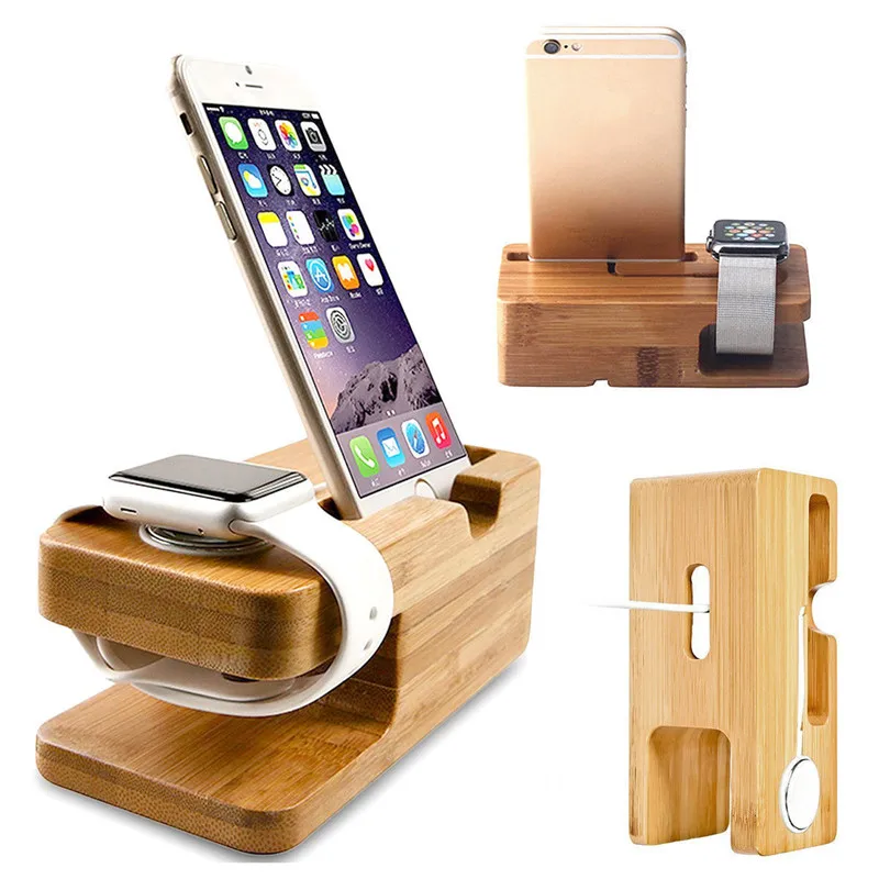 

2-in-1 Real Bamboo wood Desktop Stand for iPad Tablet Bracket Docking Holder Charger for iPhone Charging Dock for Apple Watch nd