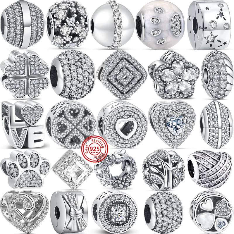 

New 925 Sterling Silver Flower Clover Paw Print Love Heart Sparkling DIY Beads Fit Original Pandora Charms Bracelet Fine Jewelry
