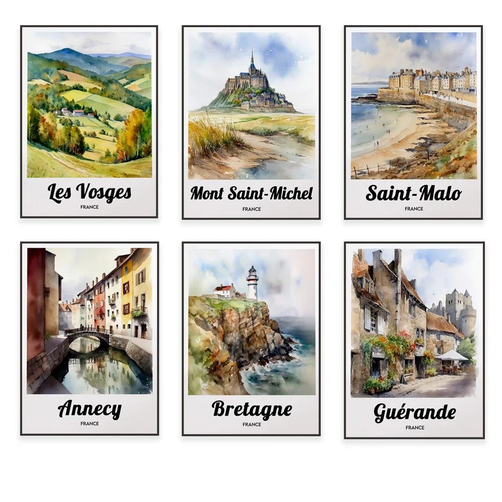 Бриттани Clermont-Ferrand Toulouse Colmar Rennes Angers Vosges Reims Mont Saint-Michel акварельный постер для