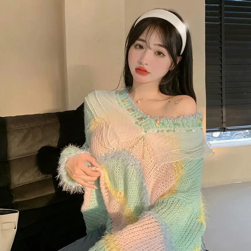 

Rainbow Sweater Women's Spring Autumn Winter Loose Outer Wear 2022 New Retro Lazy Style Design Small V-neck