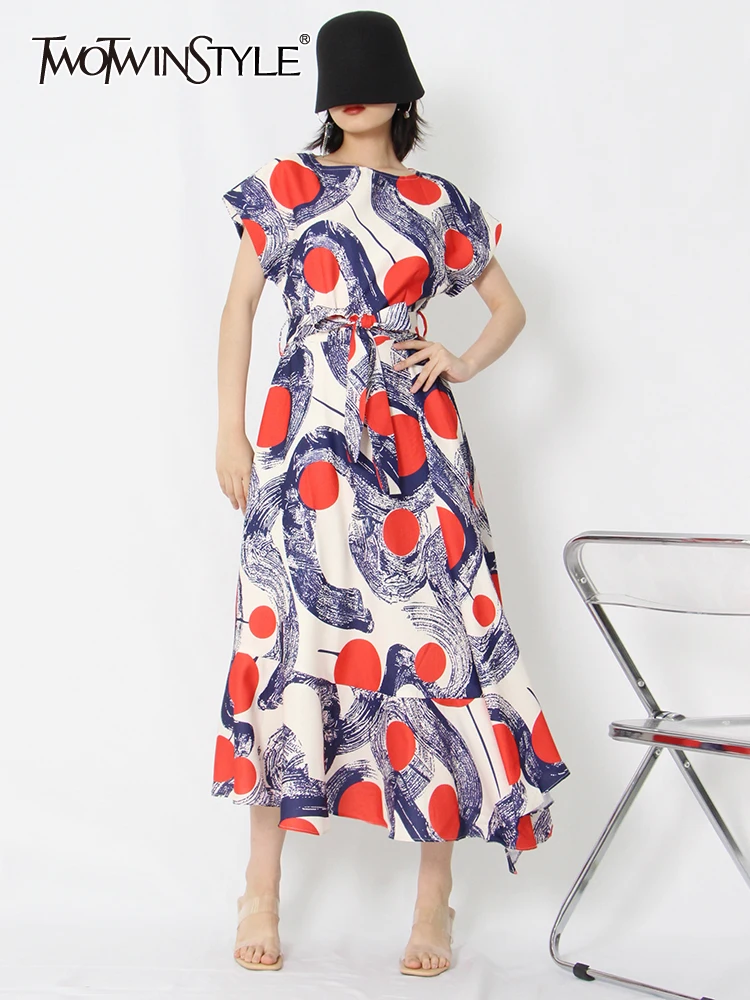 

TWOTWINSTYLE Loose Dress For Women Round Neck Short Sleeve High Waist Print Colorblock Midi Dresses Female Summer Clothing Style
