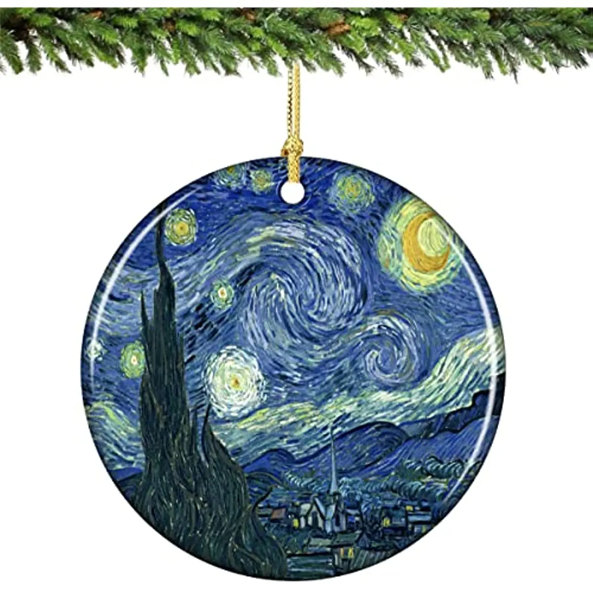 

Christmas Ornament, Porcelain Double Sided Starry Night Christmas Ornaments with Gold String