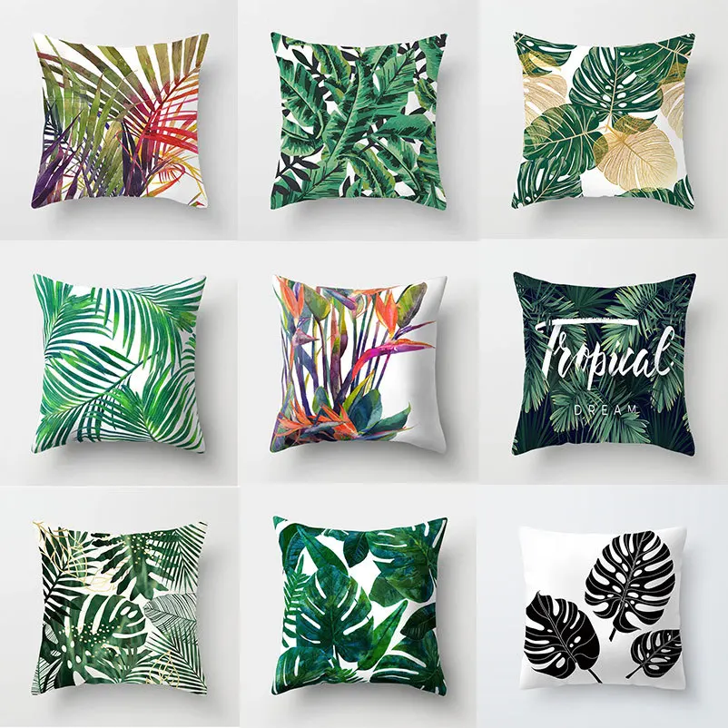 

2022 Modern Tropical Leaves Pillowcase Green Letter Designer Pillow Case Living Room Decoration Boho Pillows Covers 45x45 50x50