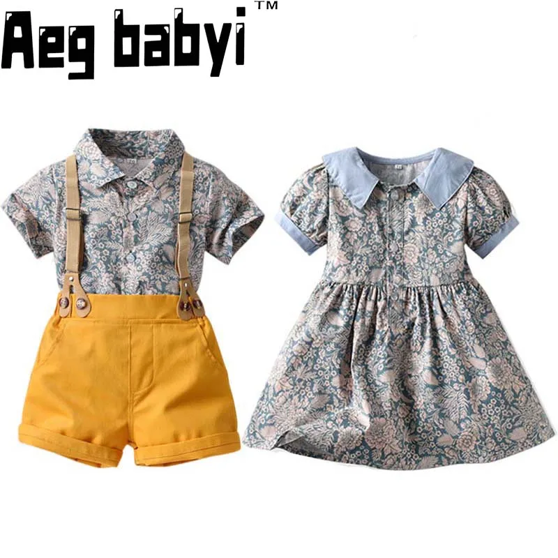 

Princess Baby Girls Dress and Kids Baby Boys Shorts Gentleman Suit Family Matching Brother and Sister Summer Children's Clothing