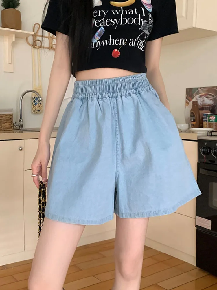 New Spring Summer Women Wide Leg Elastic Waist Blue Denim Shorts Streetwear Female Loose Straight Jeans Shorts Bottoms