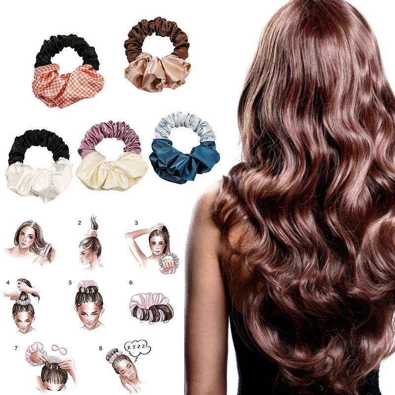 Curling Rod Silk Satin Hair Bun Scrunchie Big Waves Curling Hair Tie Heatless Sleep Hair Tie Curling Tools For Women Girls