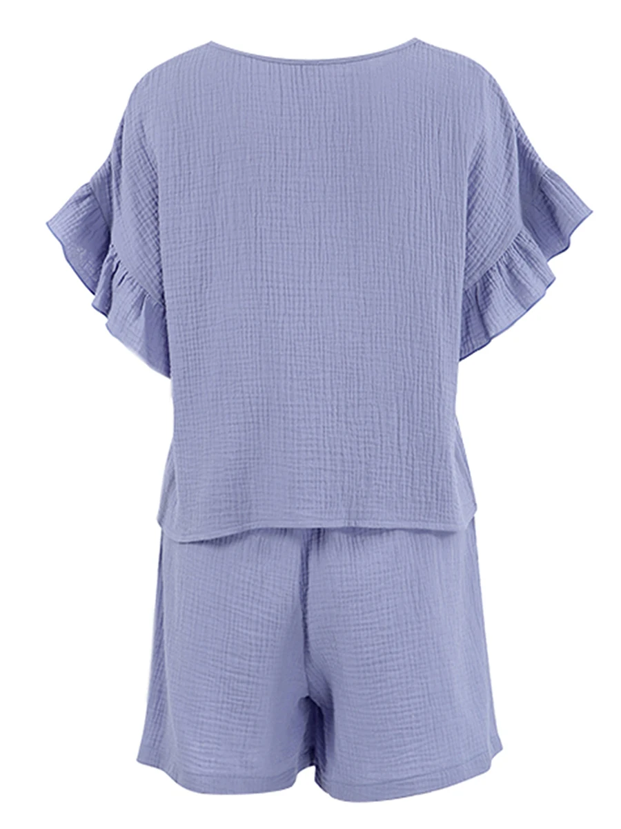 

Женский комплект для отдыха из 2 предметов, пижамный комплект, топы с коротким рукавом и оборками, модные комплекты одежды для сна