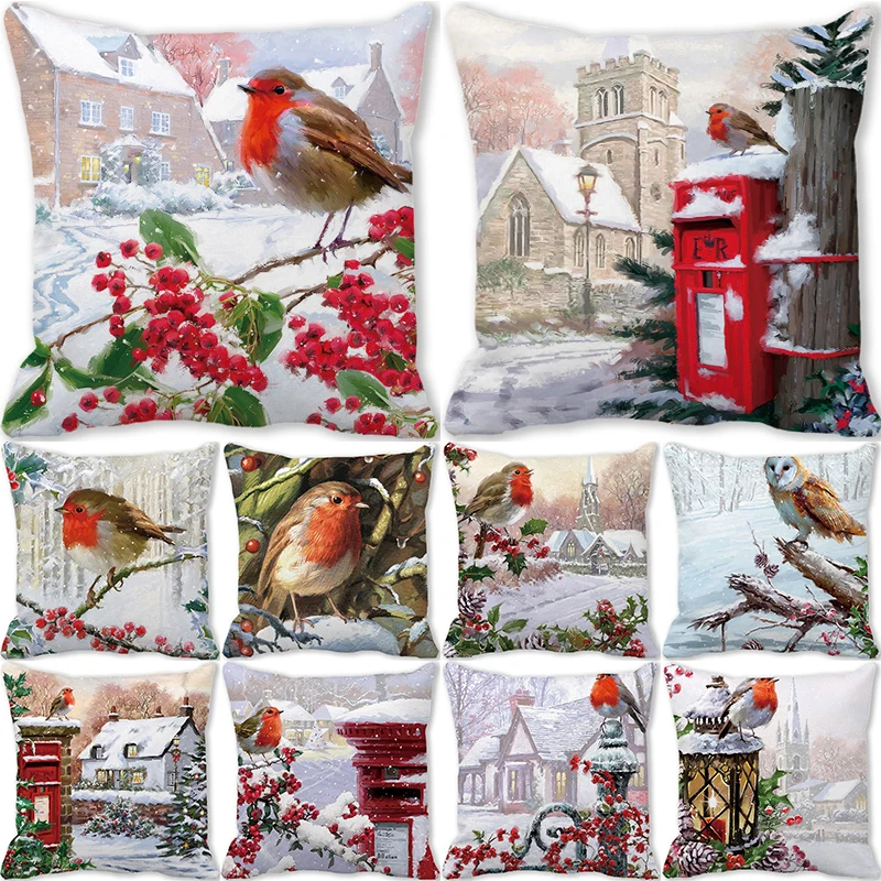 

Christmas Decor Cushion Cover 45x45cm Robin Printed Pillowcase Winter Birds Christmas Holly Throw Pillow Cover Home Decorations