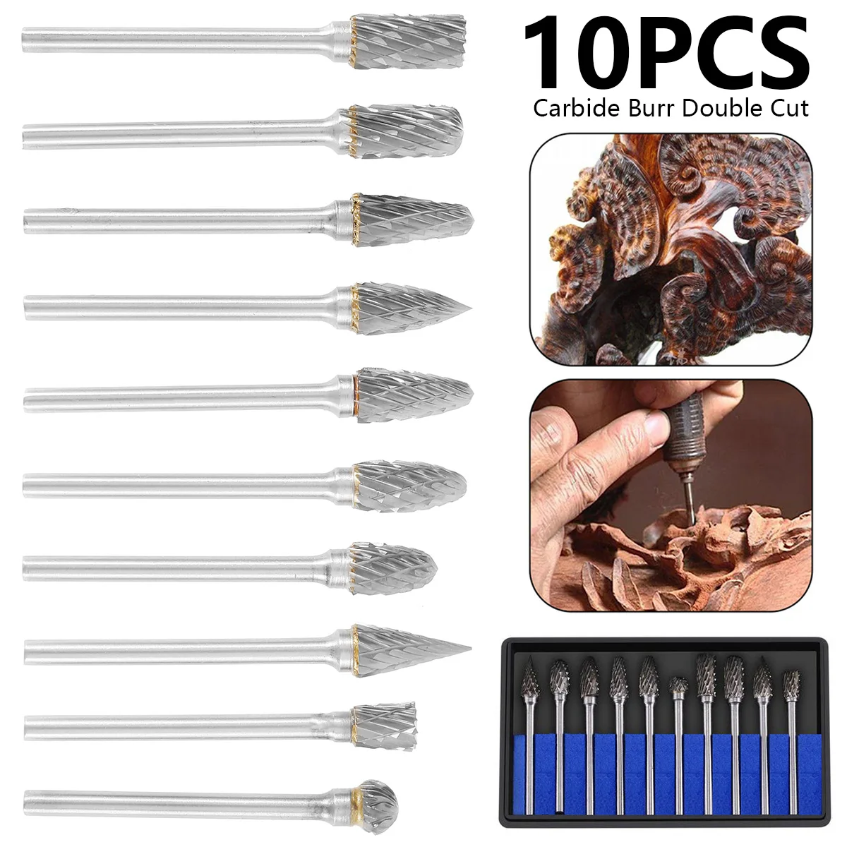 

10Pcs Rotary Files Burrs Set Carbide Cutting Burrs Bits Set with 3mm Shank Rotary Burrs Tool Fits Most Rotary Drill Die Grinder