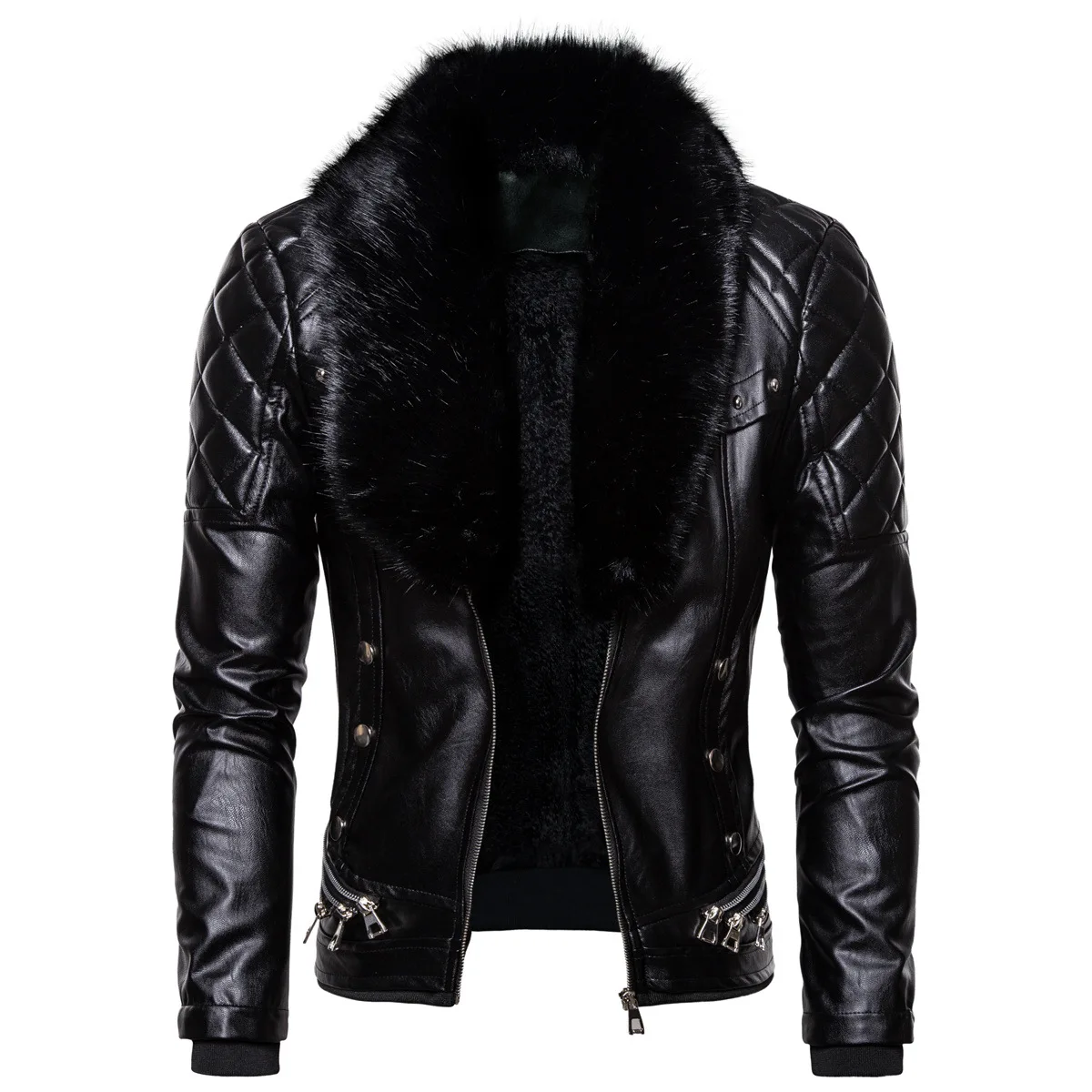 

Мужская зимняя куртка из искусственной кожи, черная теплая куртка оверсайз с воротником из искусственного меха, длинными рукавами и молние...