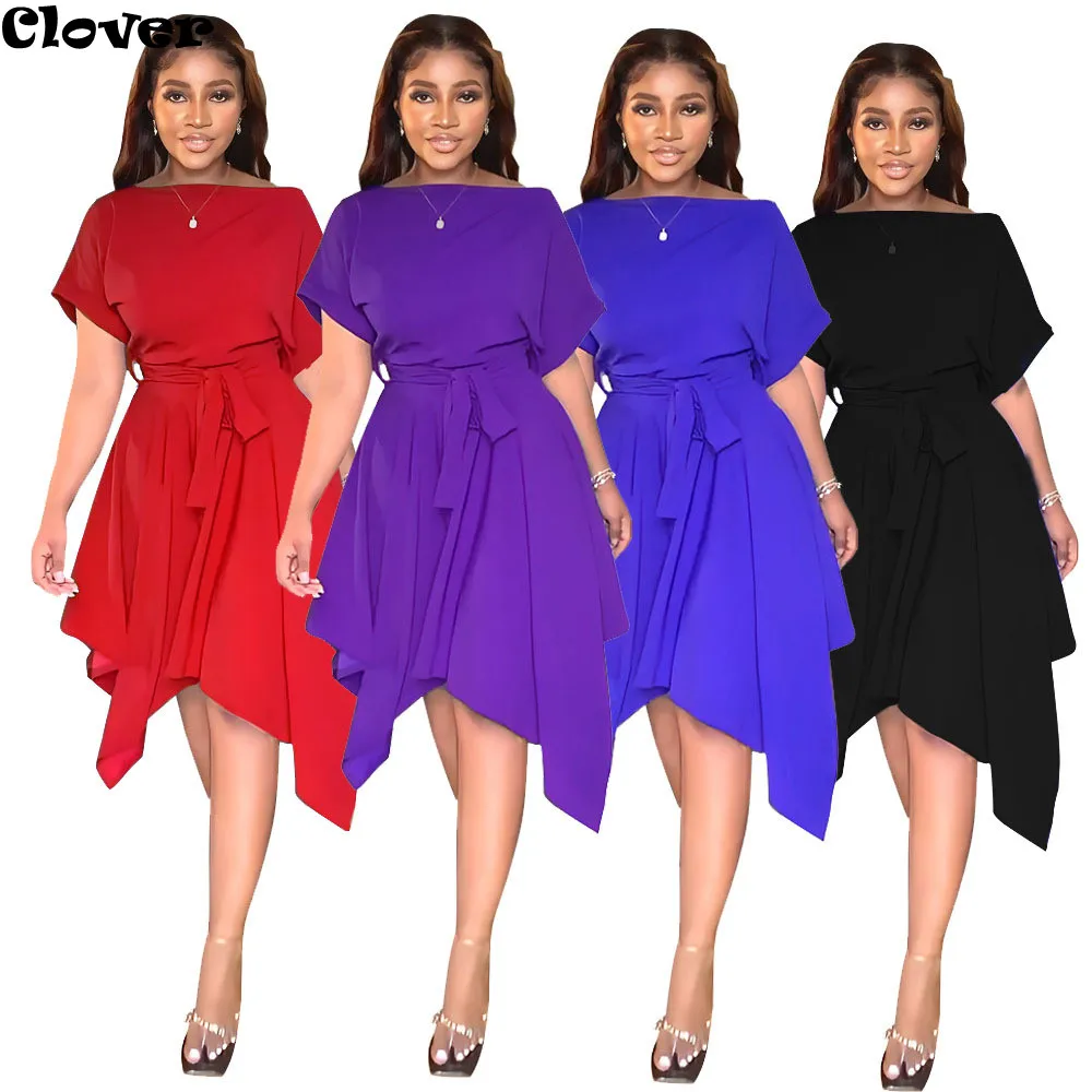 

Chiclover 2022 Summer Women Elegant Bandage Clothing Midi Dresses Short Sleeved Irregular Solid Color Dress Dropshipping