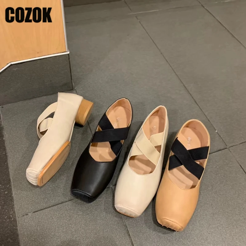 

Ballet Dancing Mary Janes Square Toe Women Dress Vintage Pumps Female 2023 New Elastic Band Shallow Mid Heels Thick Heels Shoes