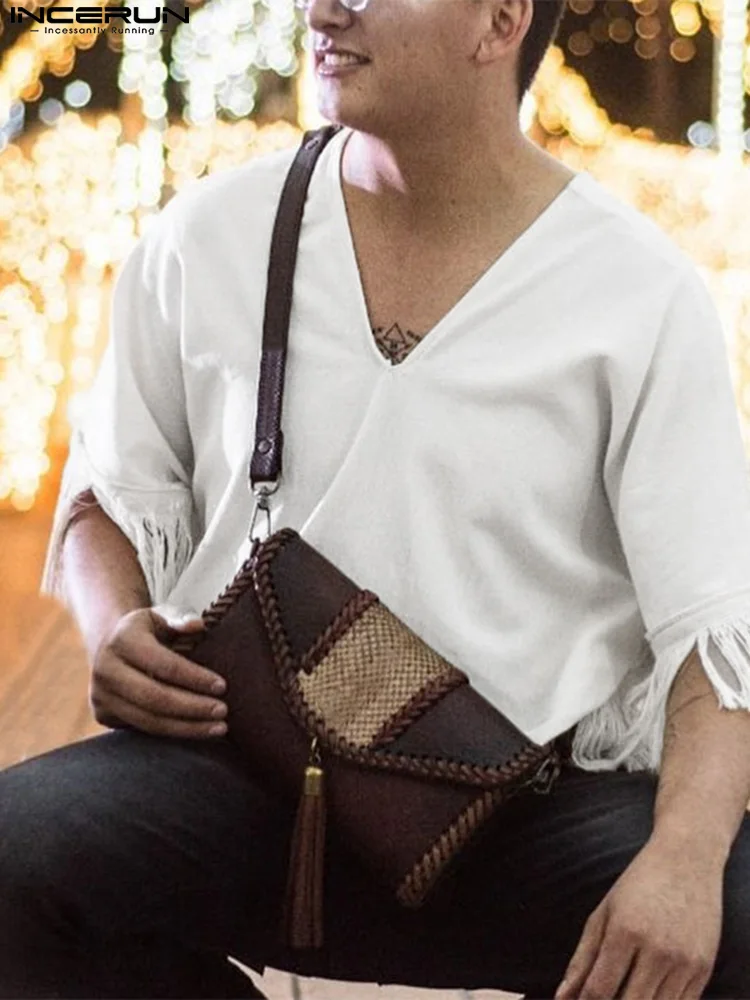 

Футболка INCERUN мужская с бахромой, однотонная модная уличная одежда с V-образным вырезом и рукавом до локтя, Свободная Повседневная рубашка, л...