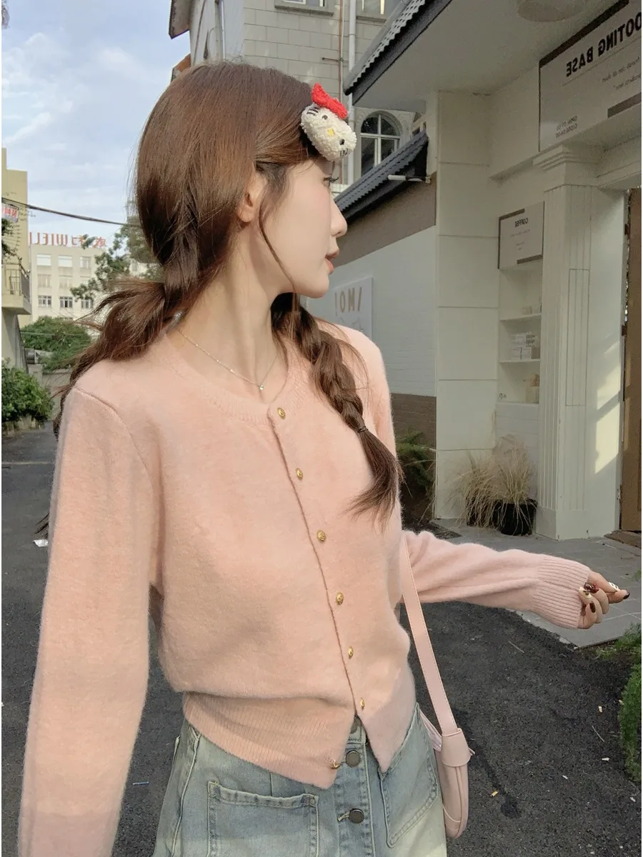 Осенне-зимний корейский изящный нежный синий кардиган с круглым вырезом милый